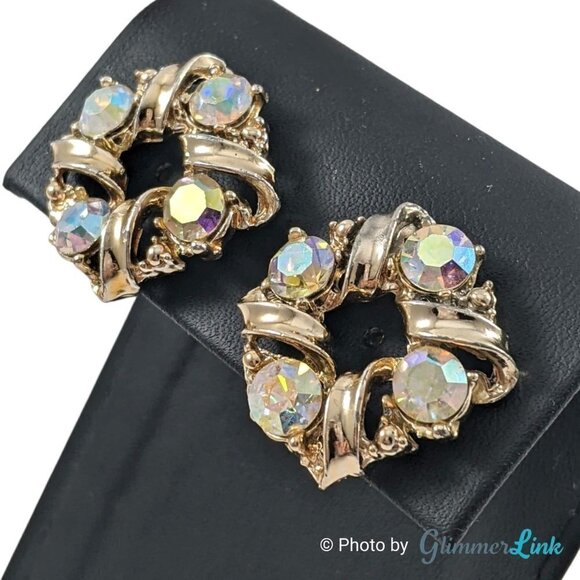 Vintage AB Aurora Borealis Circular Wreath Gold Tone Clip On Earrings - Picture 3 of 8